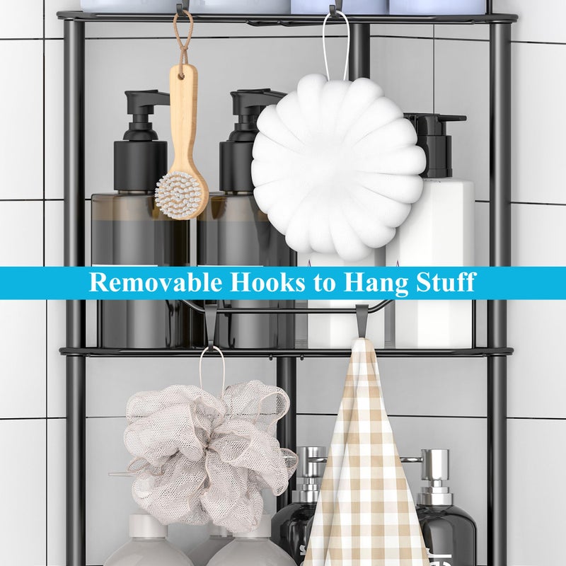HuggieGems 2 Tier Floor Standing Corner Shower Caddy Organizer Shelf with Hooks, Bathroom Shelves Stand Rack, Matt Black - Image 5